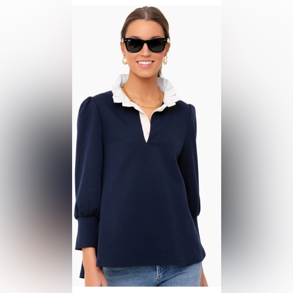 Tuckernuck navy polo shirt with ruffled collar